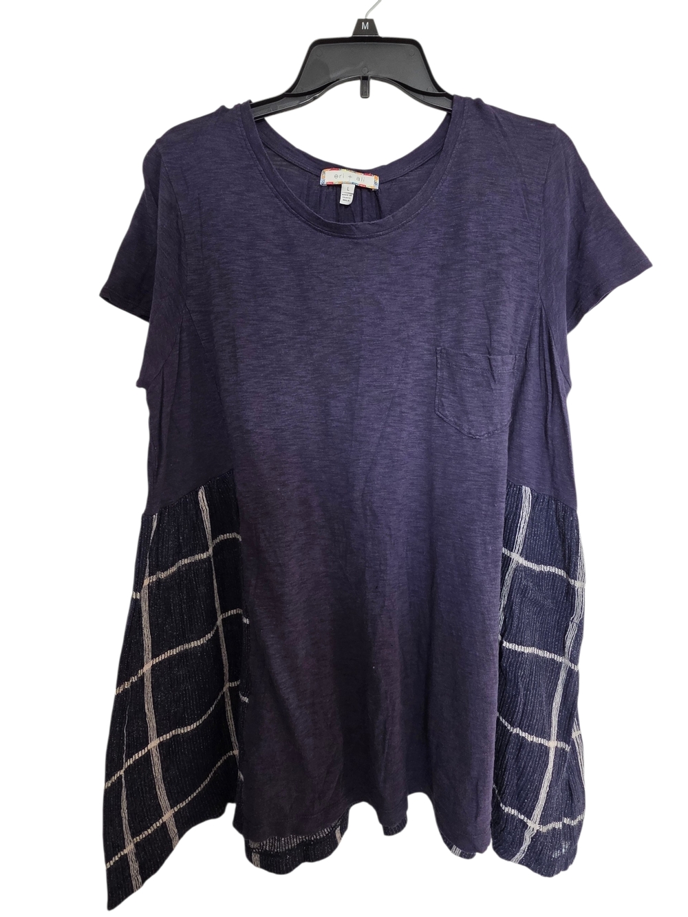 Relaxed Navy Short-Sleeve Tunic with Grid Side Panels
